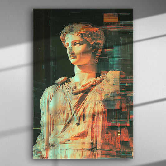 Digital reinterpretation of an ancient sculpture in vibrant colors on canvas.