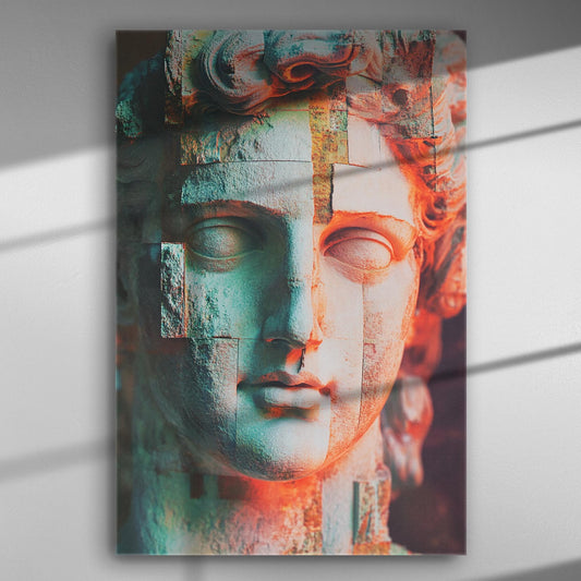 Classical bust with abstract color blocks, a modern art interpretation on canvas.