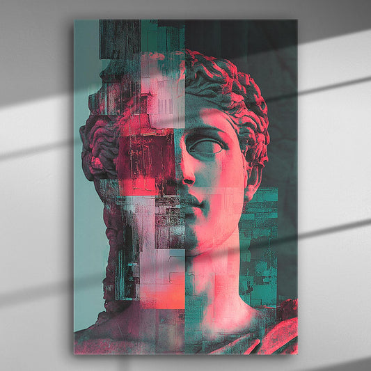 Canvas print featuring an ancient Greek statue with modern geometric and light effects in pink and green.