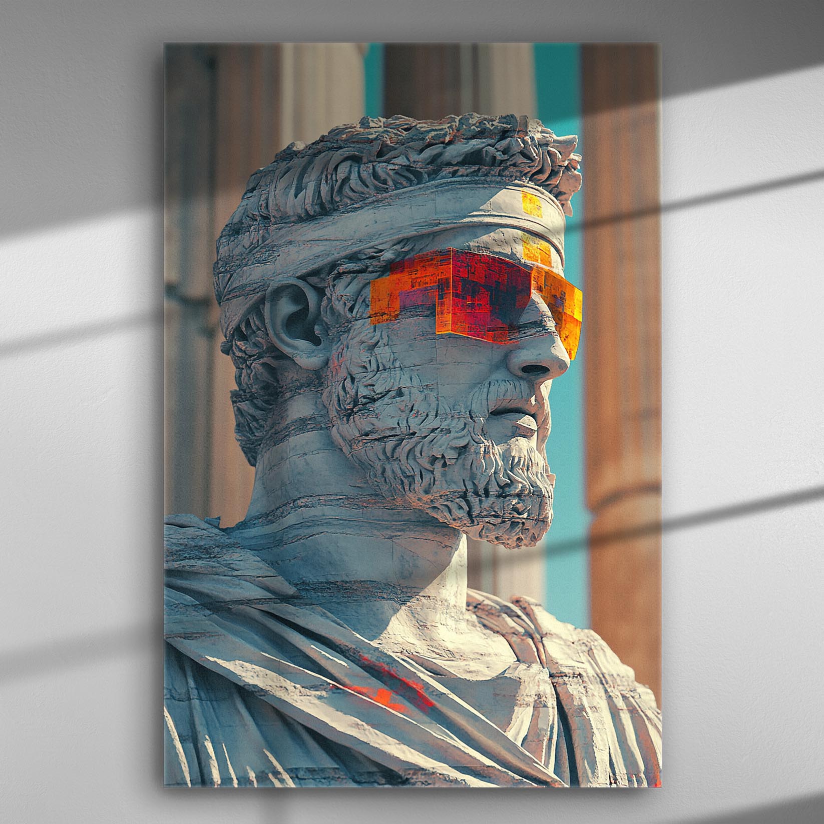 Bust of an ancient Greek statue wearing modern colorful sunglasses, with classical columns in the background.