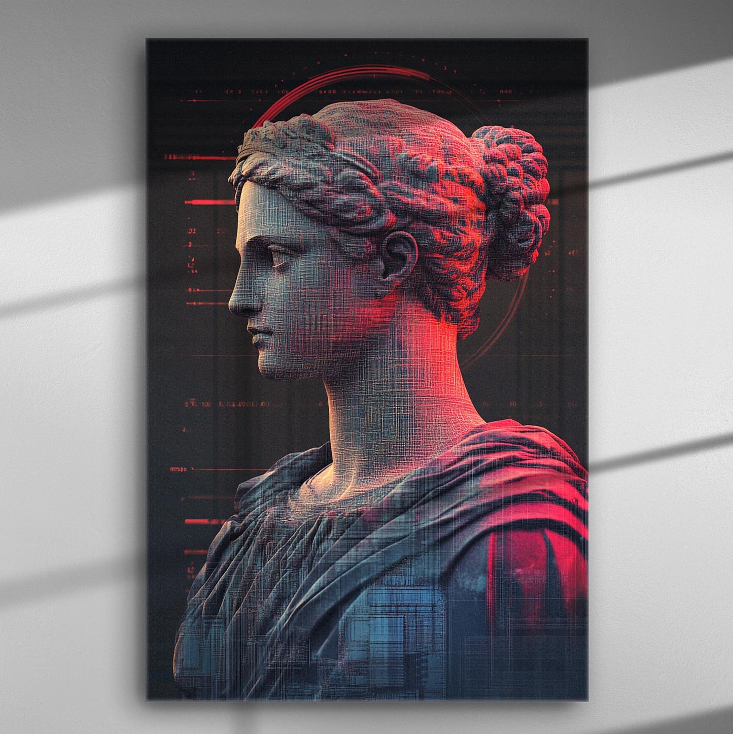 Ancient statue with futuristic red and blue lighting on canvas