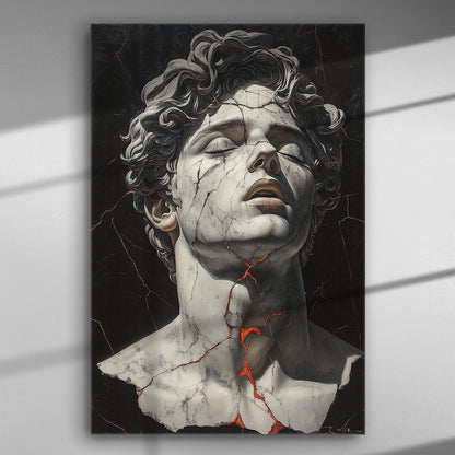 A classic bust with detailed cracks revealing warm red tones inside, set against a dark background on canvas.