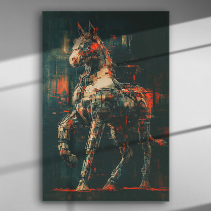 Futuristic electronic horse depicted in dynamic motion with geometric shapes on a canvas print.