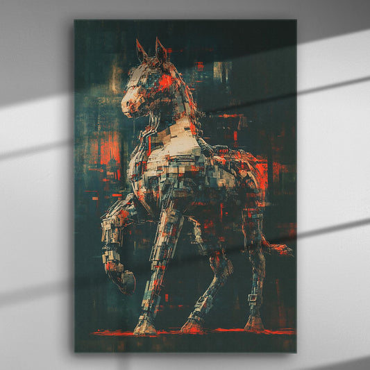 Futuristic electronic horse depicted in dynamic motion with geometric shapes on a canvas print.