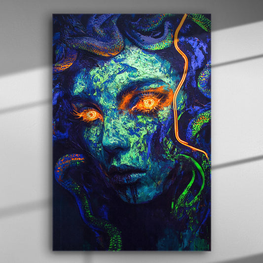 Medusa face with glowing orange eyes in a blue and green abstract design on a canvas print.