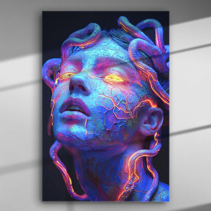 Futuristic Medusa artwork with vivid blue and purple tones, showcasing snakes and glowing elements on canvas.