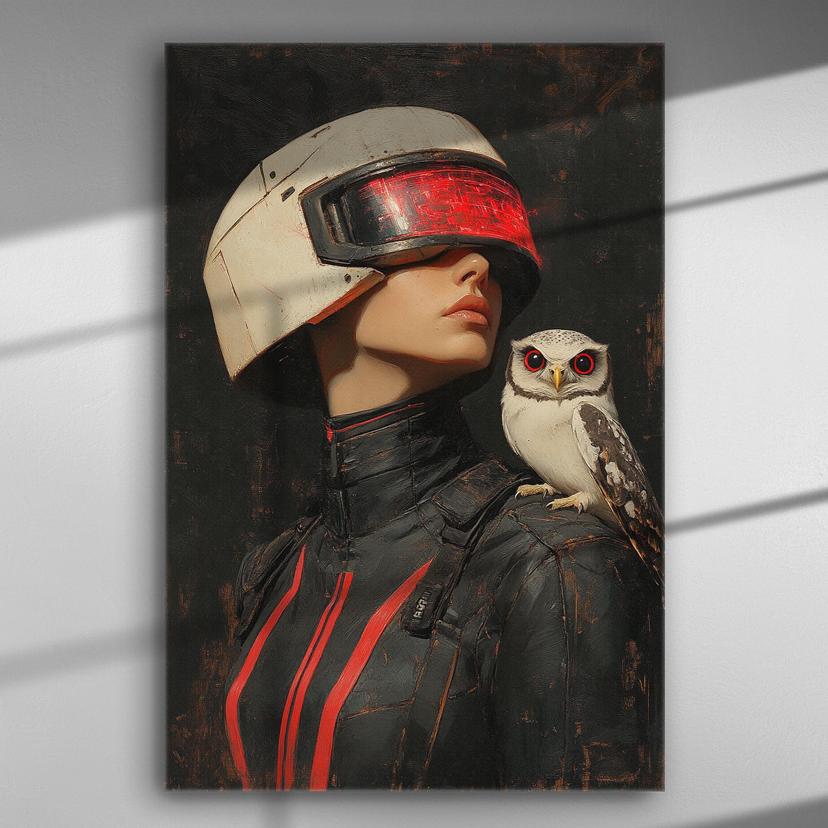Futuristic woman in helmet with an owl on her shoulder, canvas art