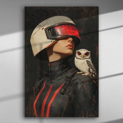 Futuristic woman in helmet with an owl on her shoulder, canvas art