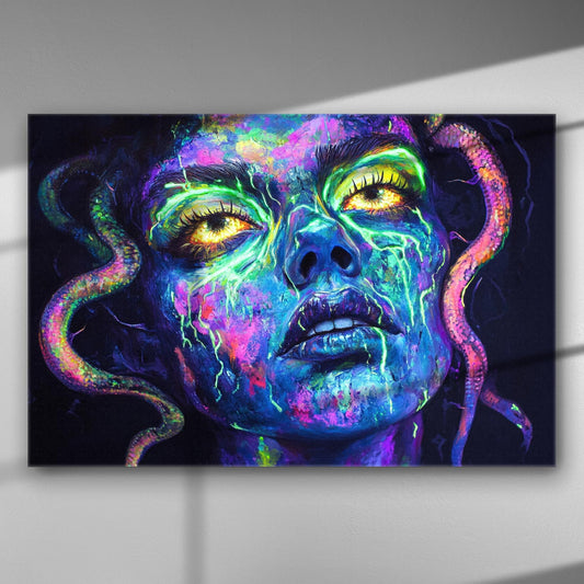 Vivid neon portrait of a face with colorful serpent-like elements.