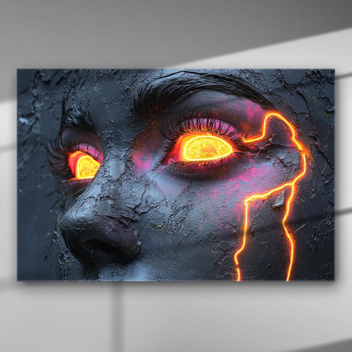 Close-up of a cracked face with glowing, fiery eyes and dark textures.