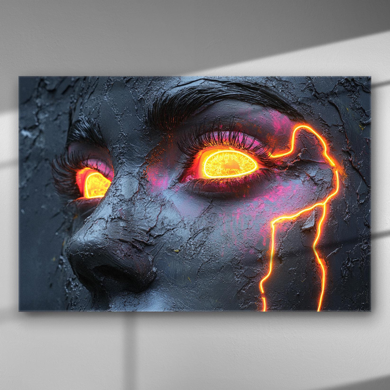 Close-up of a cracked face with glowing, fiery eyes and dark textures.