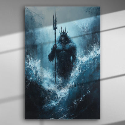 Canvas print of a sea god rising from the waves, painted in deep blue tones.