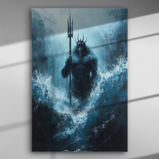 Canvas print of a sea god rising from the waves, painted in deep blue tones.