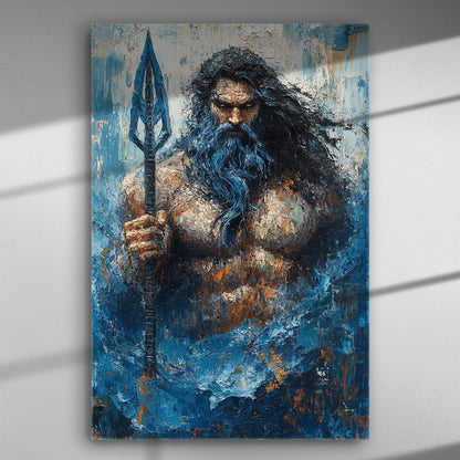 A muscular, god-like figure holding a trident with blue and orange color scheme on a canvas print.