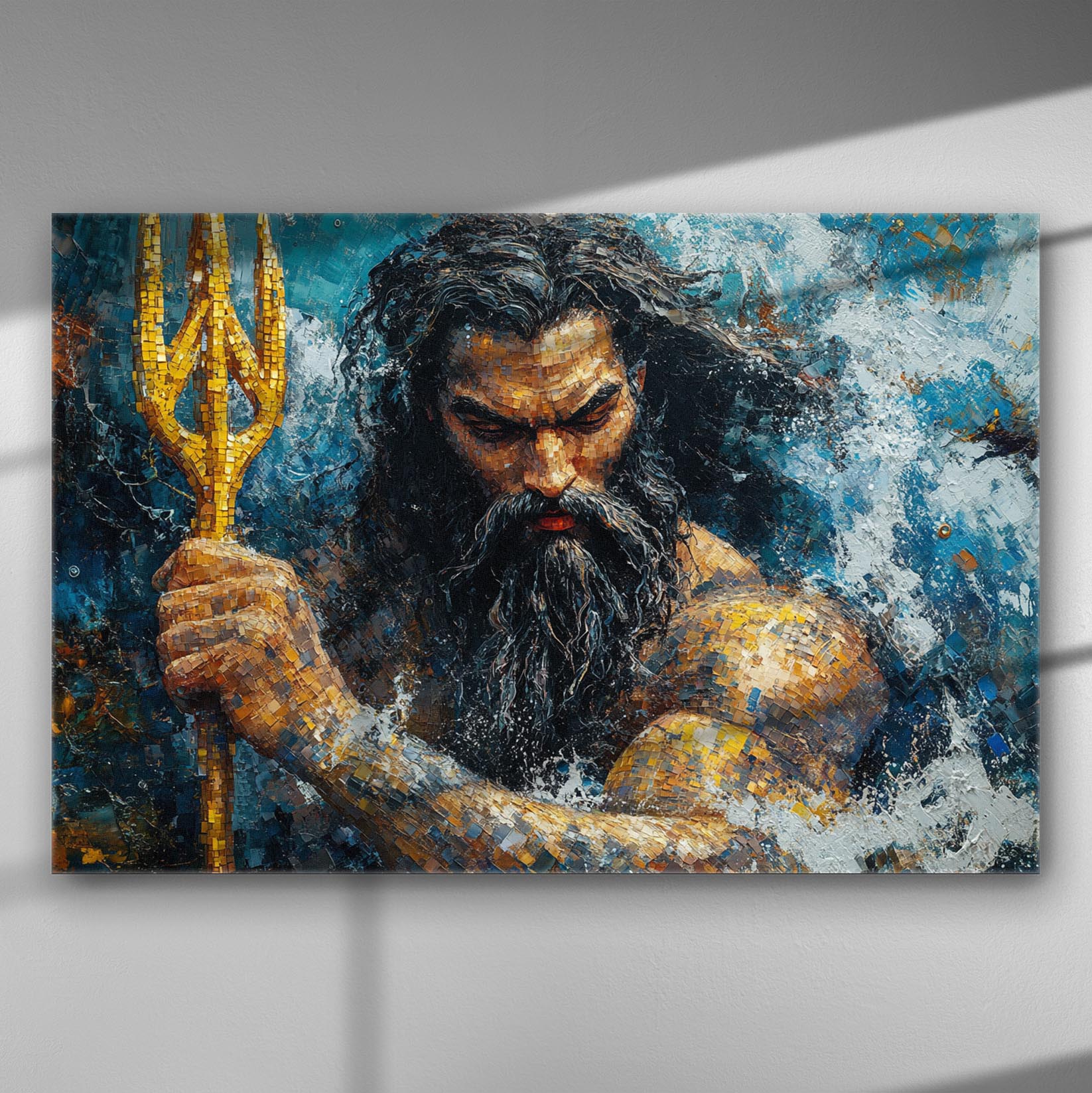 Powerful depiction of a sea god holding a trident in rich colors on canvas