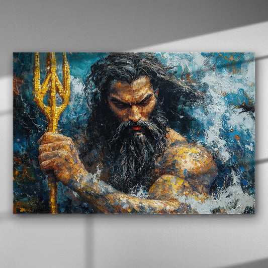 Powerful depiction of a sea god holding a trident in rich colors on canvas