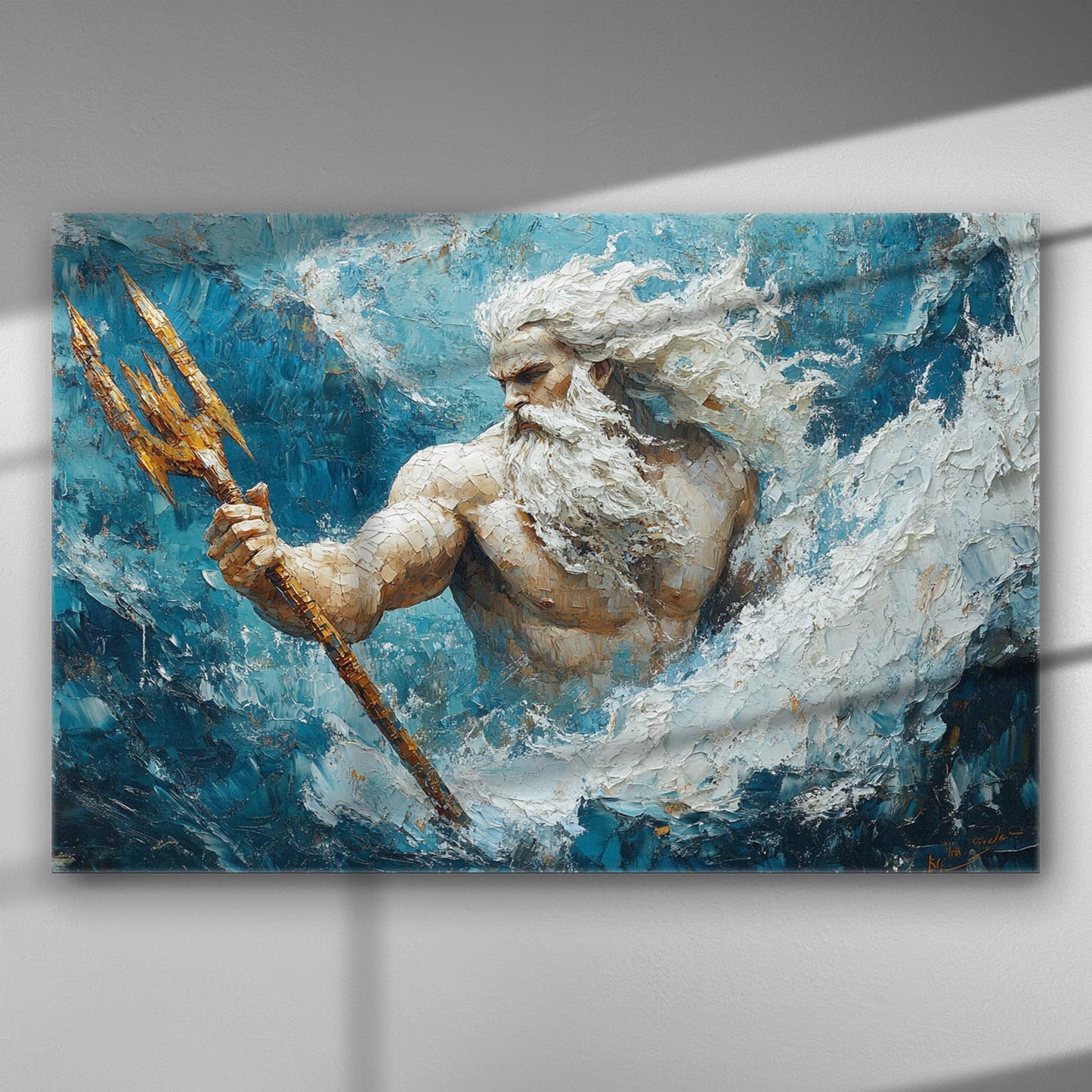 Poseidon holding a trident amidst turbulent waves, depicted on a canvas.