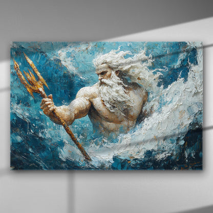 Poseidon holding a trident amidst turbulent waves, depicted on a canvas.