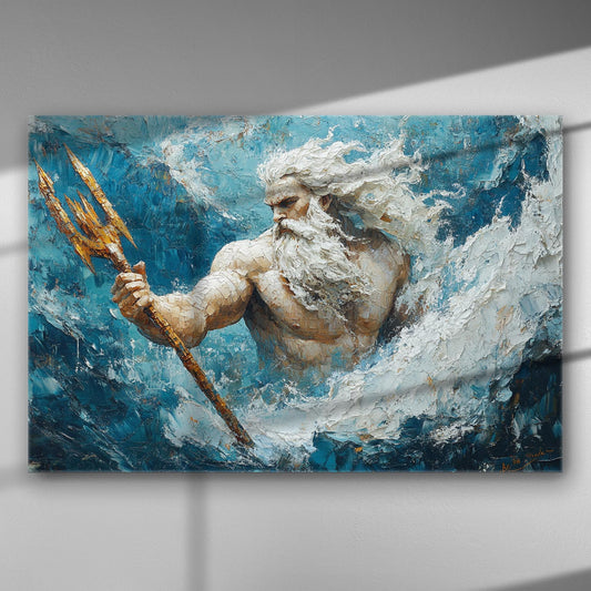 Poseidon holding a trident amidst turbulent waves, depicted on a canvas.