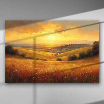 Canvas print of a golden sunset over a field with rolling hills in the background.