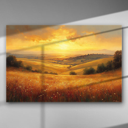 Canvas print of a golden sunset over a field with rolling hills in the background.