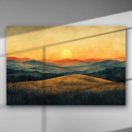 Landscape canvas print featuring a serene sunset over rolling hills with warm orange and blue hues.