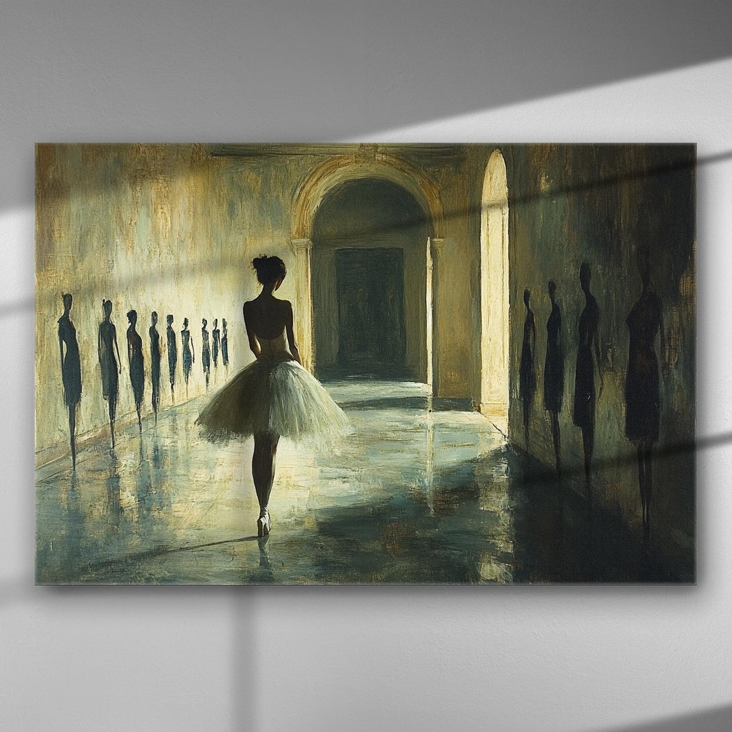 A dancer in a spotlighted hallway, surrounded by shadows on a canvas print.