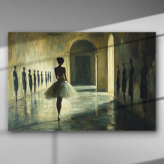 A dancer in a spotlighted hallway, surrounded by shadows on a canvas print.