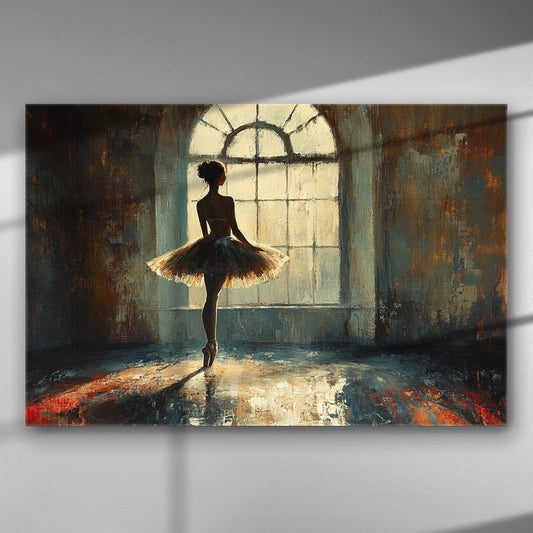 Ballerina silhouette lit by window light on canvas painting