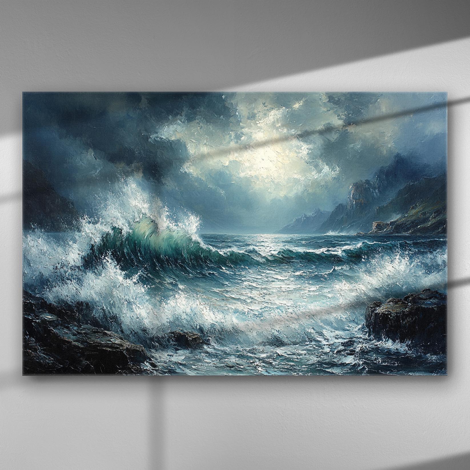Dramatic painting of a stormy sea with crashing waves and a dark sky.