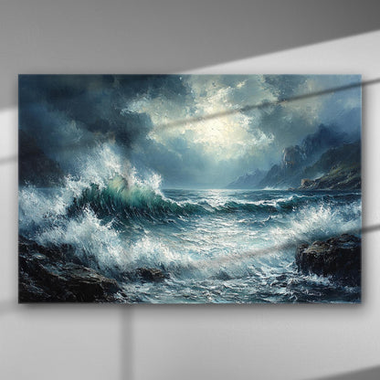 Dramatic painting of a stormy sea with crashing waves and a dark sky.