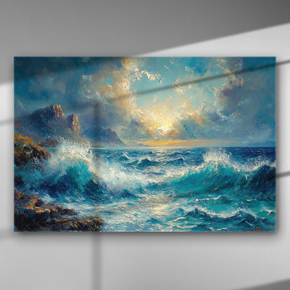 Seascape painting with waves and sunrise on canvas.