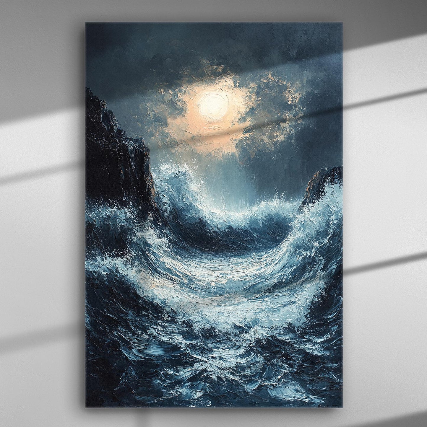 Ocean wave crashing under a moonlit sky on canvas print