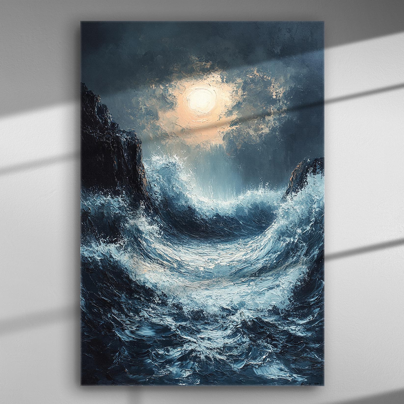 Ocean wave crashing under a moonlit sky on canvas print