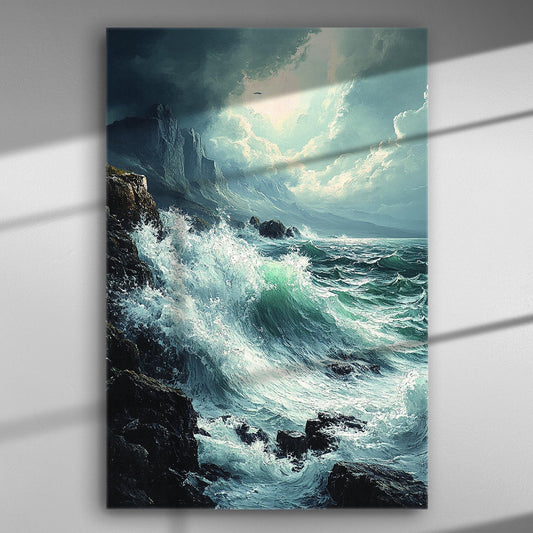 Powerful ocean waves crashing against rocky cliffs under a dramatic cloudy sky canvas print.