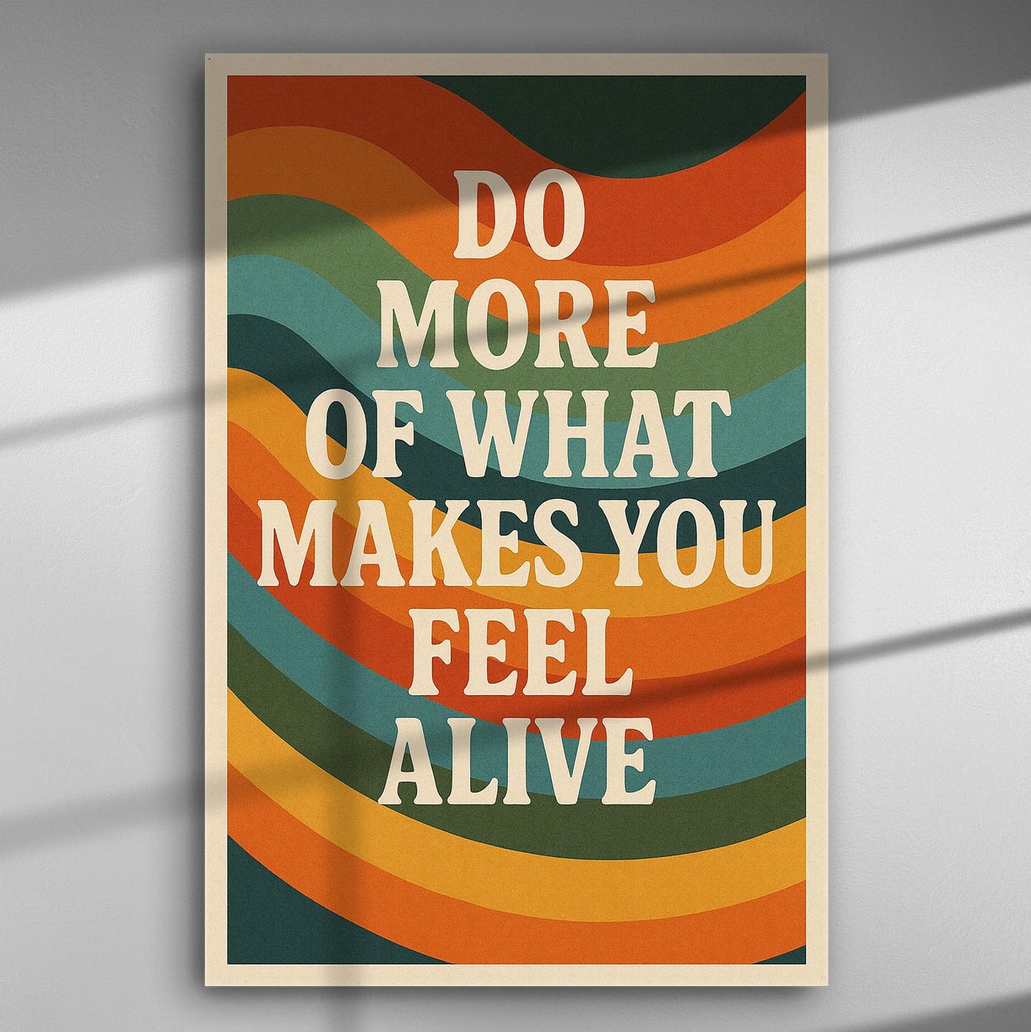 Colorful motivational canvas print with wavy retro lines and text: 'Do More of What Makes You Feel Alive.'