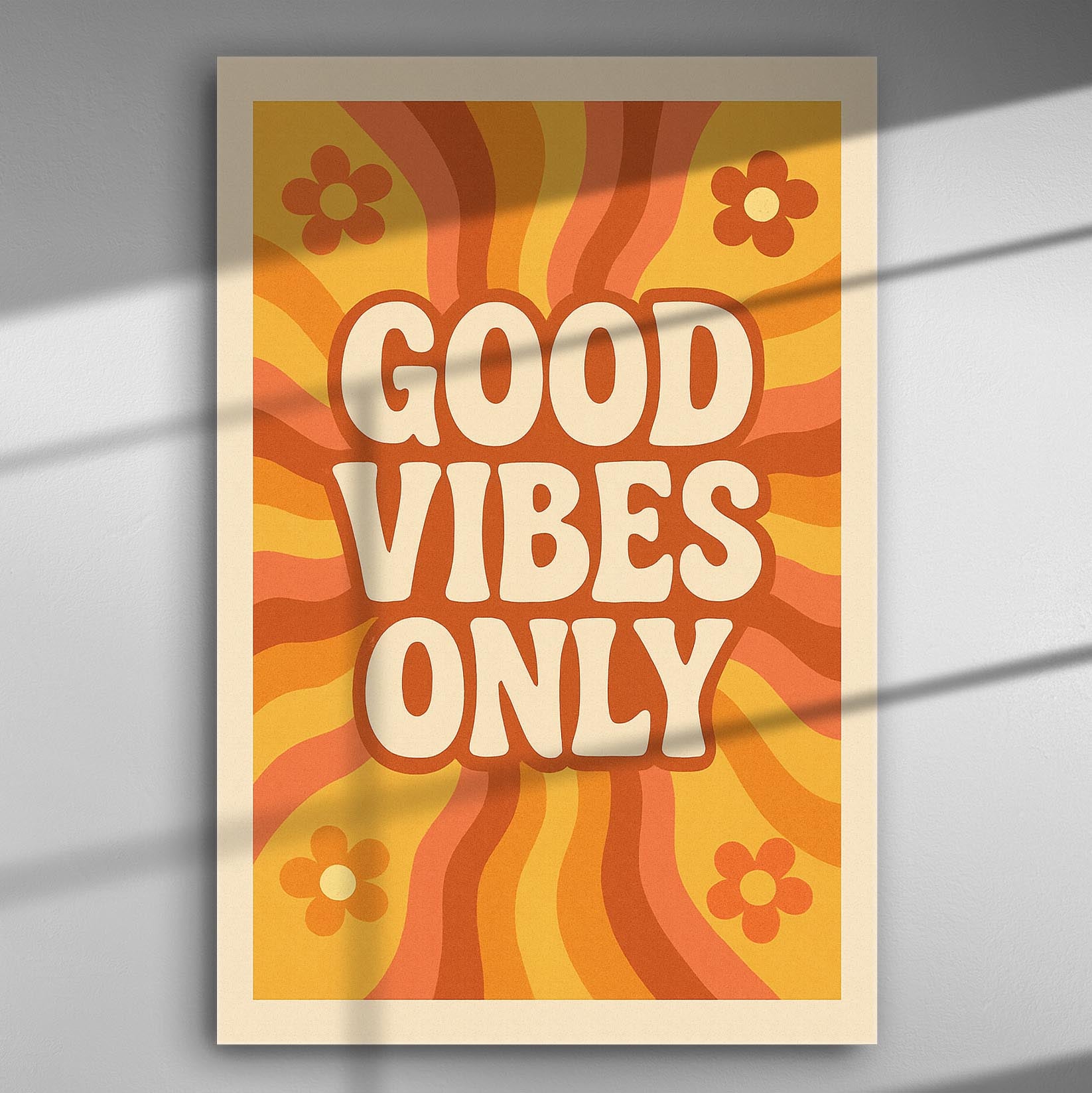 Retro style canvas print with the phrase 'Good Vibes Only' in vibrant orange and yellow tones.
