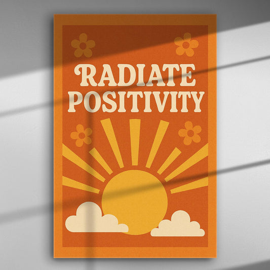 Radiate Positivity orange canvas print with sun and clouds design