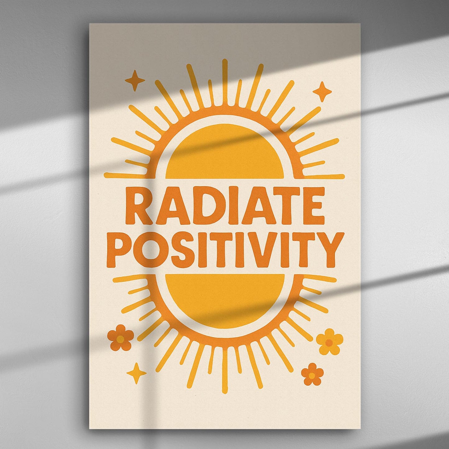 Canvas print with 'Radiate Positivity' in bold letters and sunburst design.