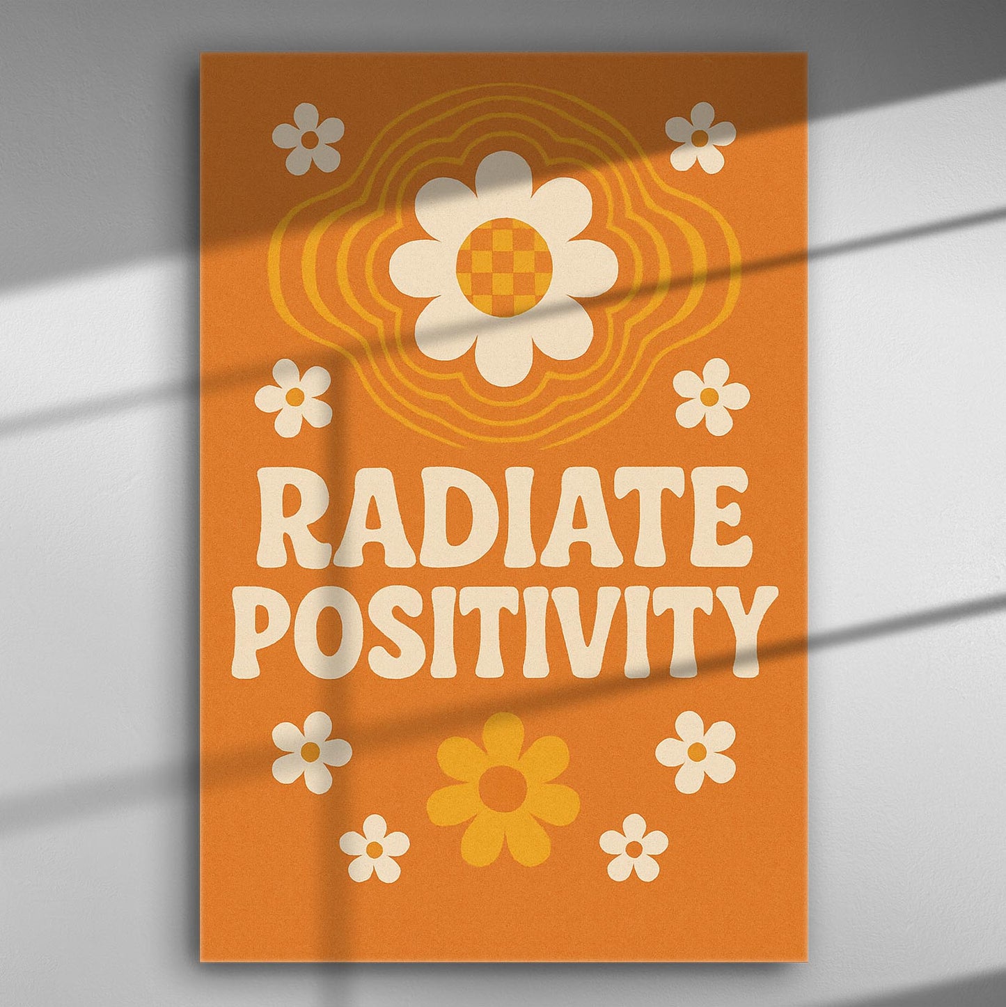 Canvas with text 'Radiate Positivity', orange background, white and orange flowers.