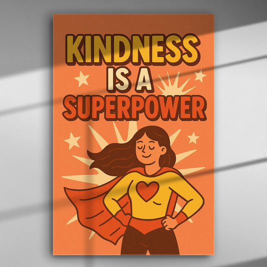 Illustration of a female superhero with the text 'Kindness is a Superpower' in a bold, retro style.