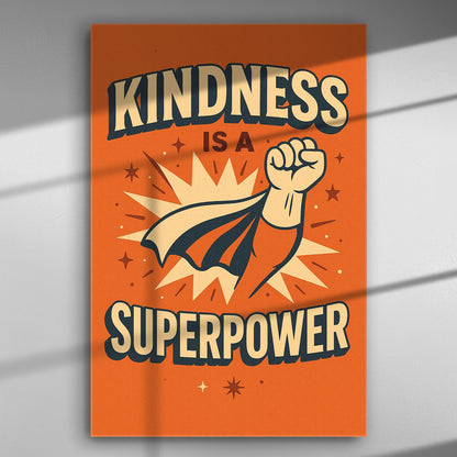 Canvas print with the text 'Kindness is a Superpower' featuring a fist and cape on an orange background.
