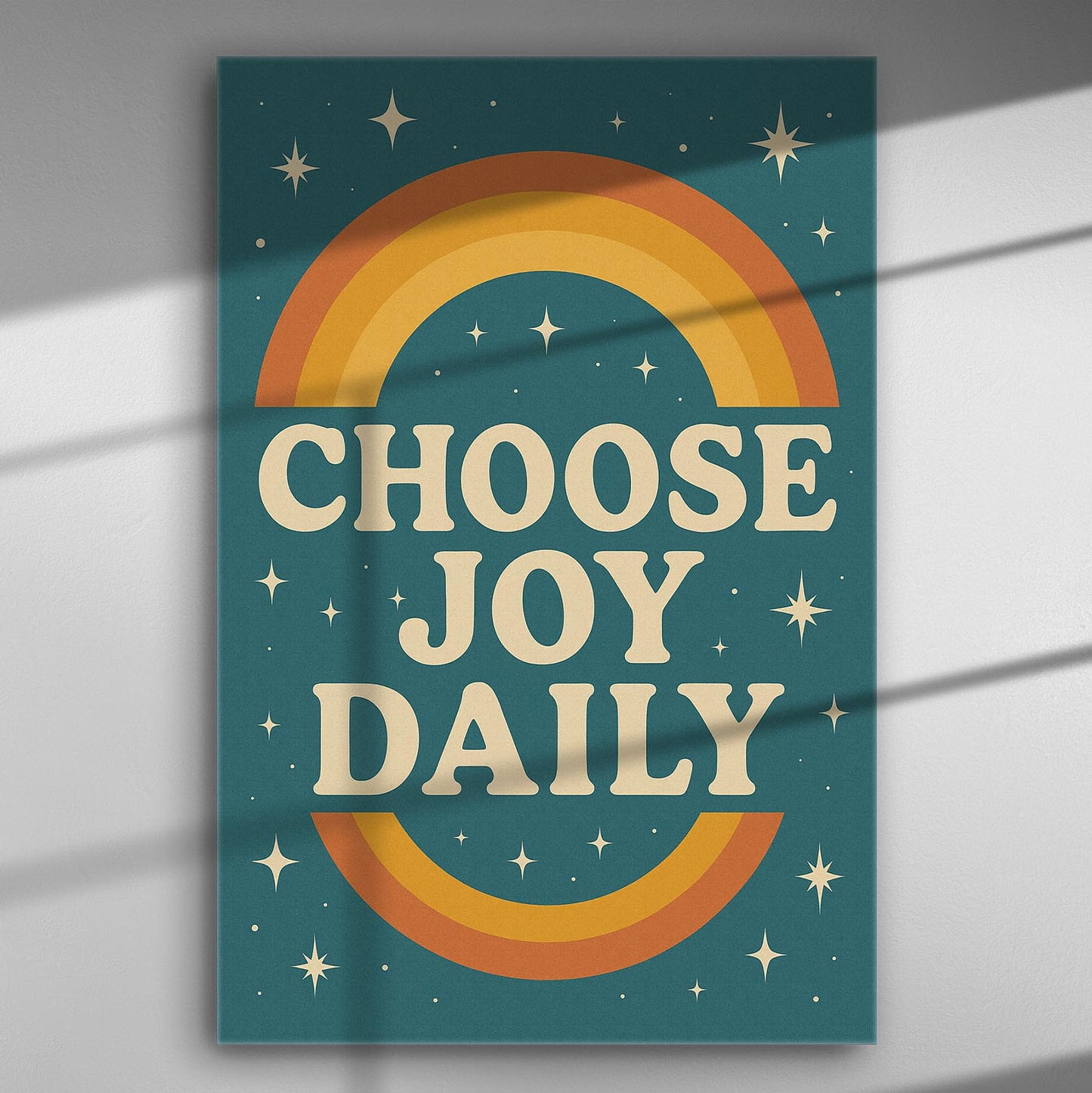Choose Joy Daily quote on a colorful canvas with stars and rainbow design.