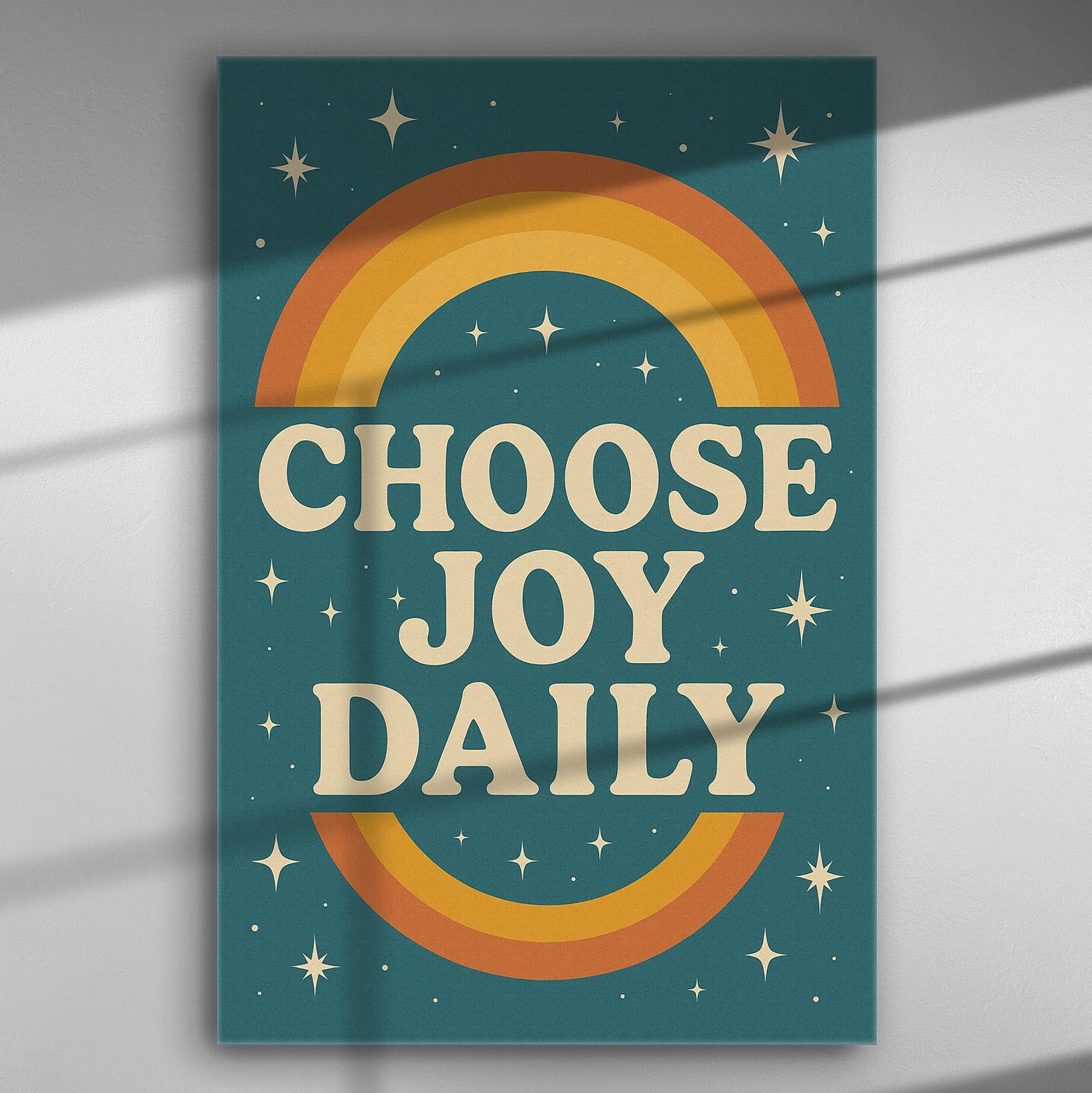 Choose Joy Daily quote on a colorful canvas with stars and rainbow design.