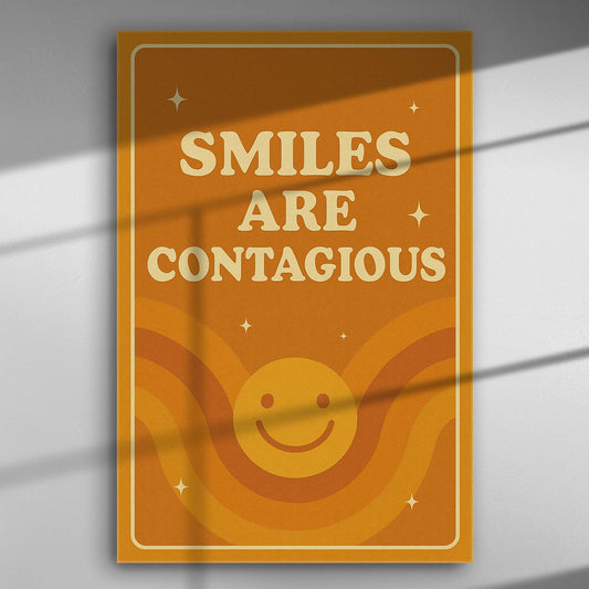 Retro style canvas print with the phrase 'Smiles Are Contagious' in orange and yellow tones.