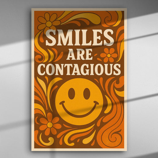 Vintage style canvas print with the text 'Smiles Are Contagious' in bold letters and a large smiley face with floral and swirl designs.