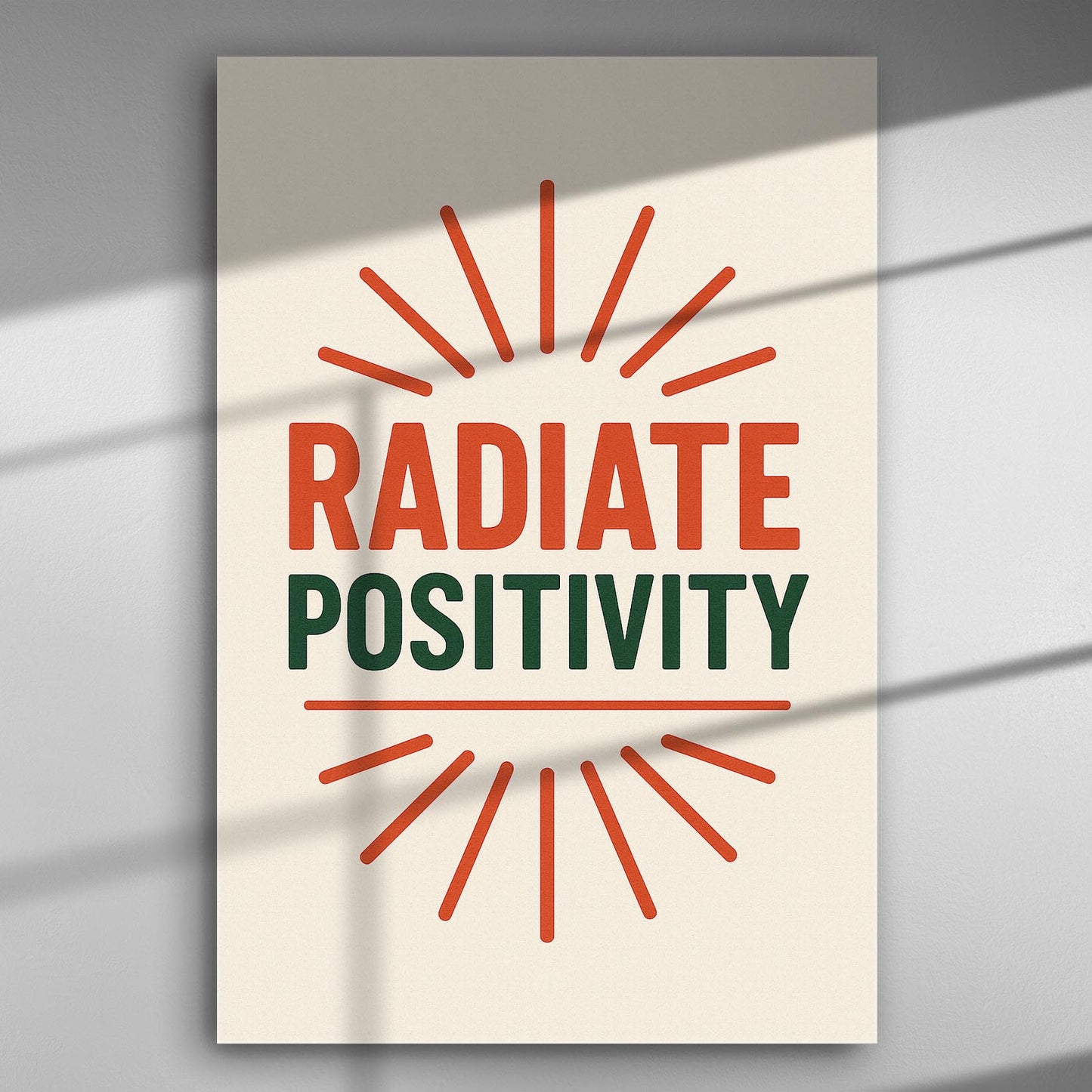 Text canvas with 'Radiate Positivity' featuring red and green colors and sunray design on a light background.
