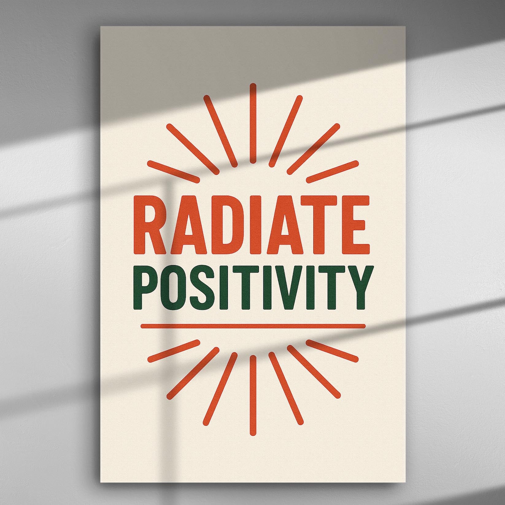 Text canvas with 'Radiate Positivity' featuring red and green colors and sunray design on a light background.