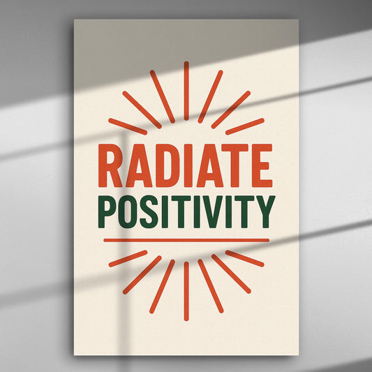 Text canvas with 'Radiate Positivity' featuring red and green colors and sunray design on a light background.