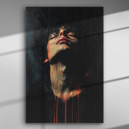 A dark expressive portrait with orange drips on a canvas.